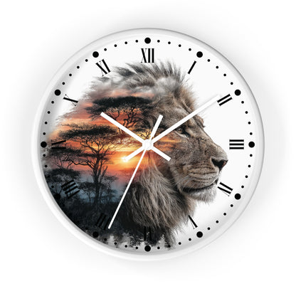 A round wall clock with a white face, black Roman numerals, and black dot hour markers. The center features a photographic print of a lion's face layered over an African savanna sunset scene with acacia trees.