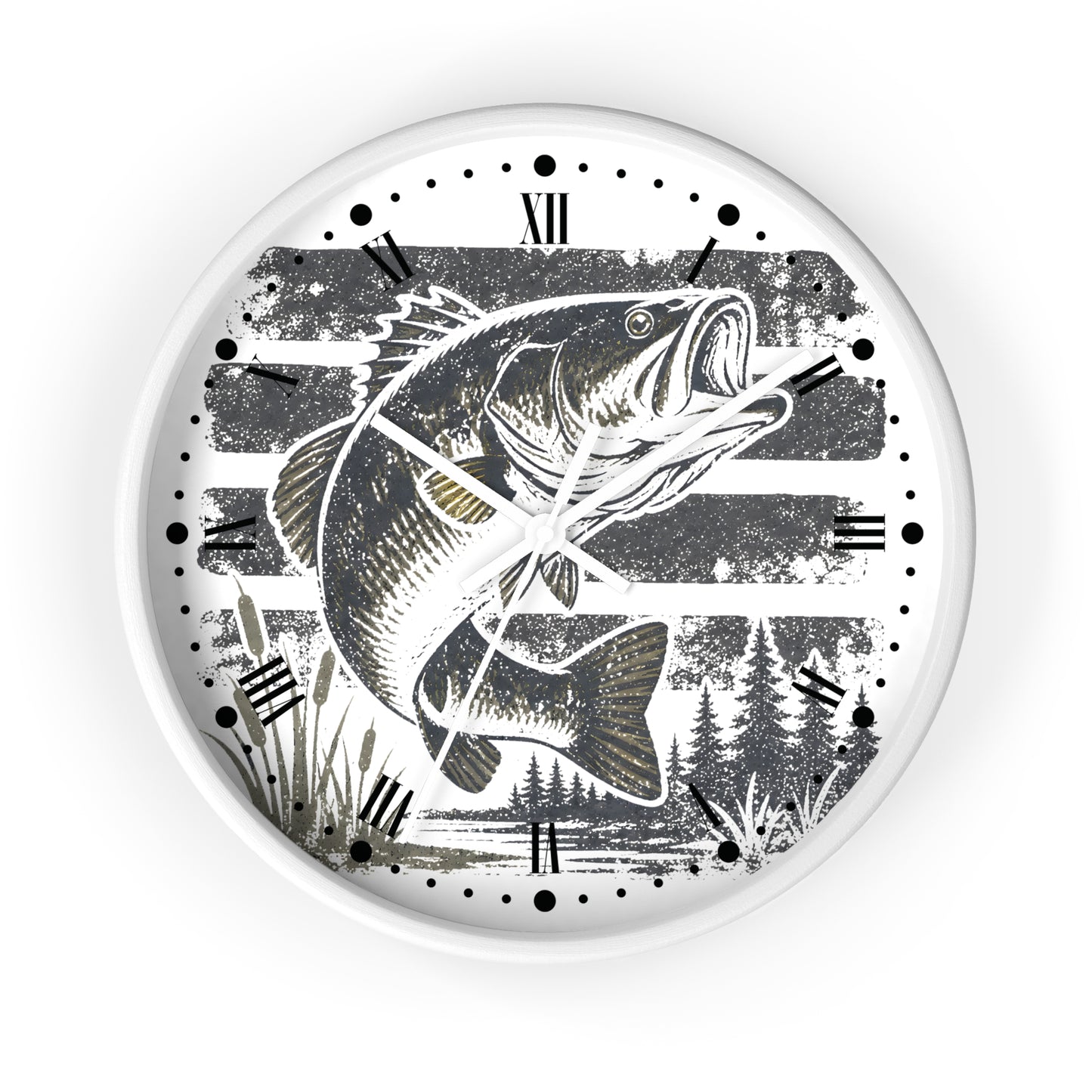 A round wall clock with a white frame and a printed design featuring a largemouth bass fish jumping over water, Roman numerals, and black clock hands on a white background.