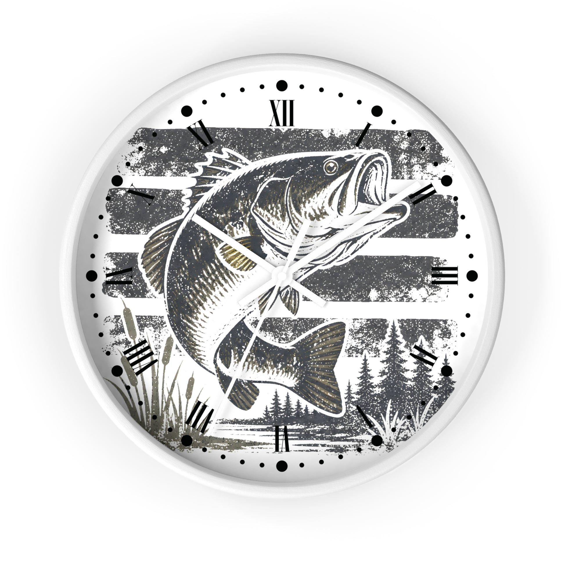 A round wall clock with a white frame and a printed design featuring a largemouth bass fish jumping over water, Roman numerals, and black clock hands on a white background.