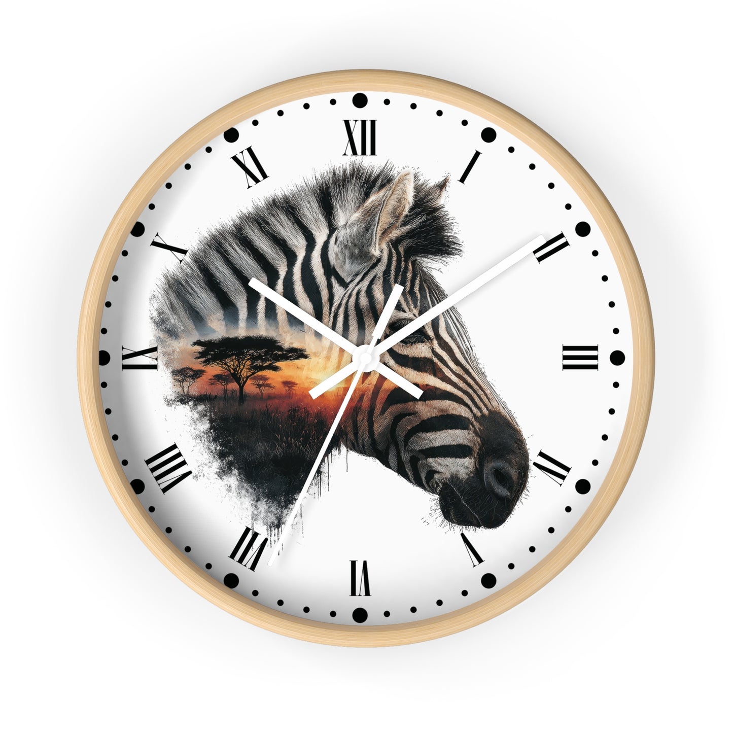 Zebra Sunset Wall Clock with Roman Numerals — African Savanna Animal Decor
