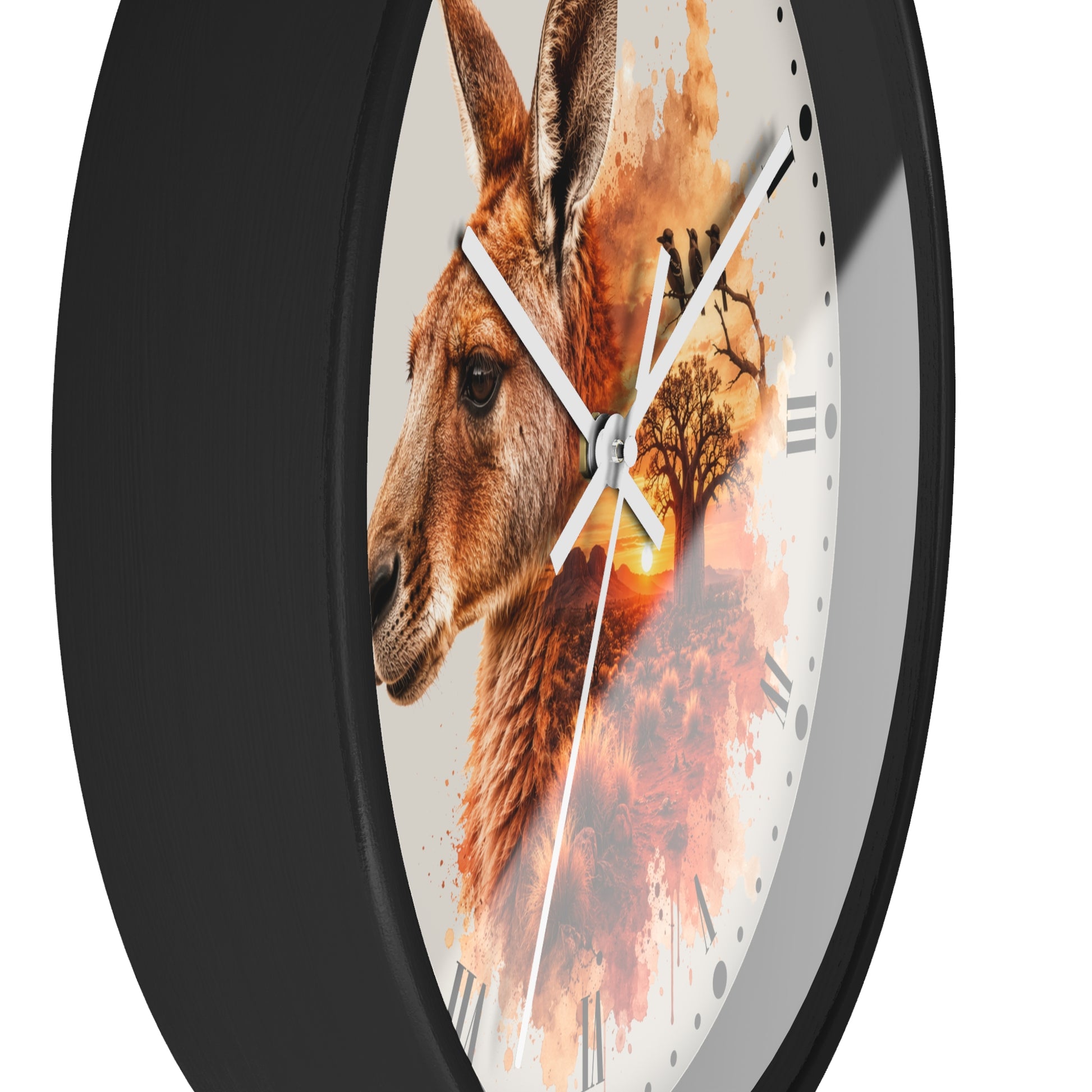 A round wall clock with a black frame and a white dial featuring a painted kangaroo portrait blended with warm orange and brown abstract brushstrokes, Roman numerals, and silver hands.
