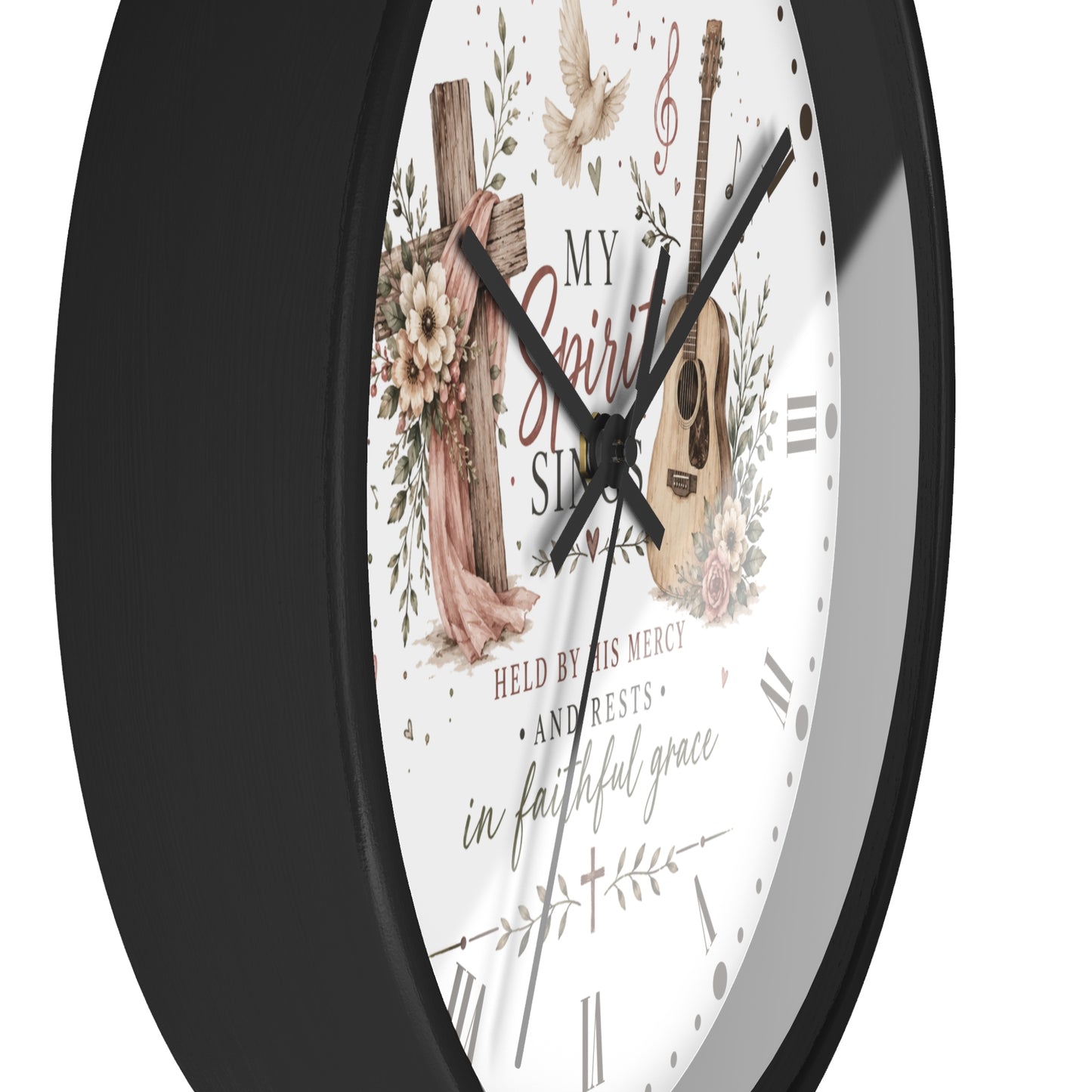My Spirit Sings Religious Wall Clock — Faith-Inspired Guitar & Cross Home Decor