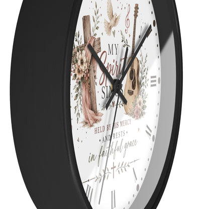 My Spirit Sings Religious Wall Clock — Faith-Inspired Guitar & Cross Home Decor
