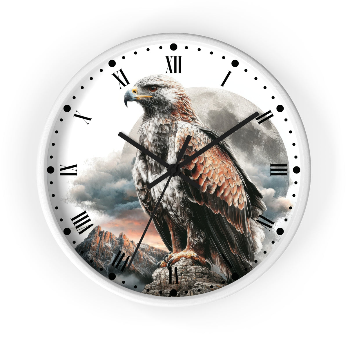 A round wall clock with a white frame and a printed design of a large eagle perched on a rock against a cloudy sky. The clock face has black Roman numerals, black hour markers, and black clock hands.