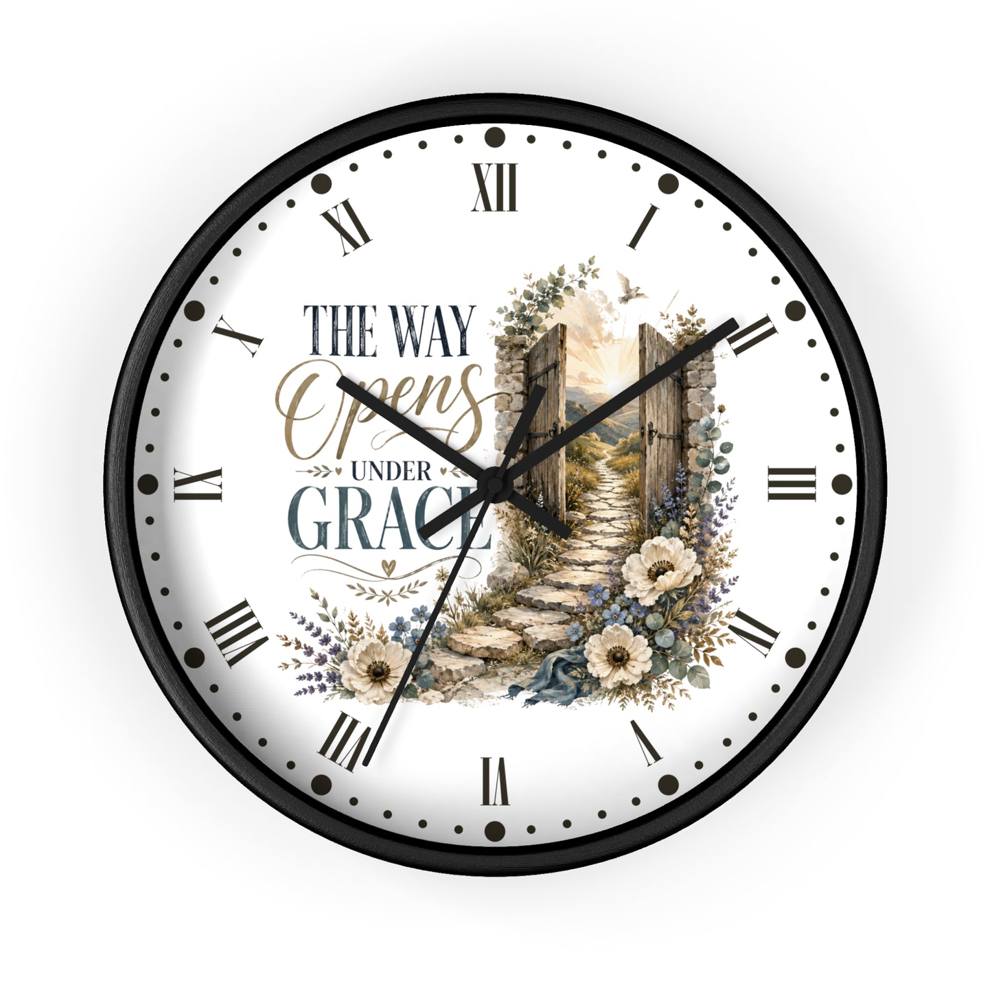 Rustic Floral Inspirational Wall Clock - "The Way Opens Under Grace"  Christian Home Decor