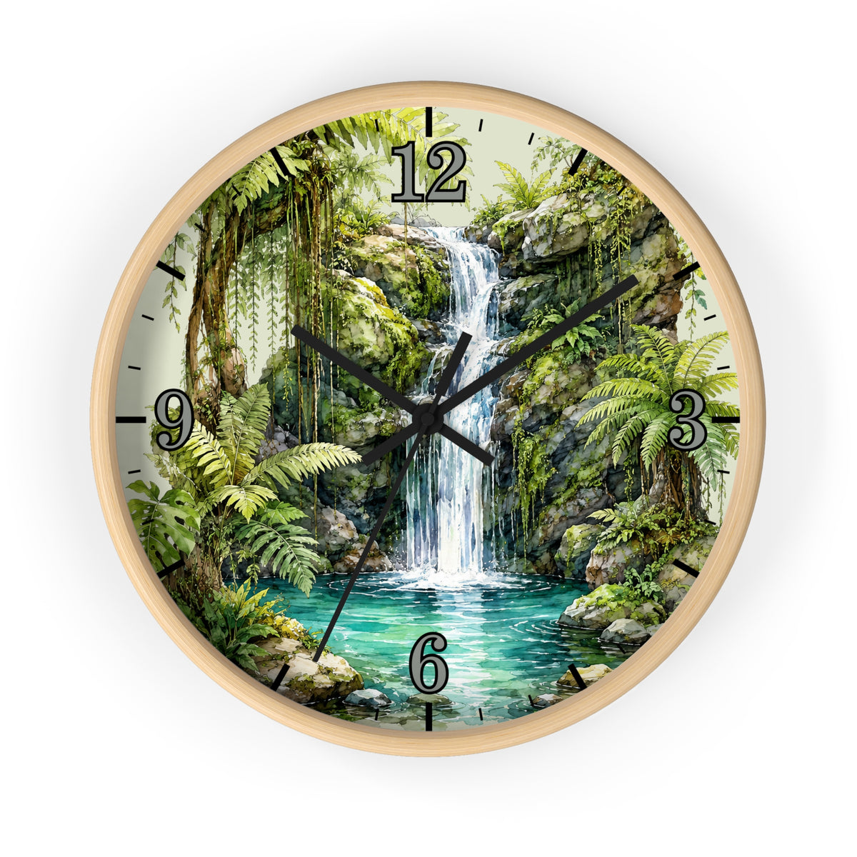 Round wall clock with a light wood frame and a printed tropical jungle scene featuring a waterfall, green foliage, and turquoise water. Black Arabic numerals mark the hours, and the clock hands are black.