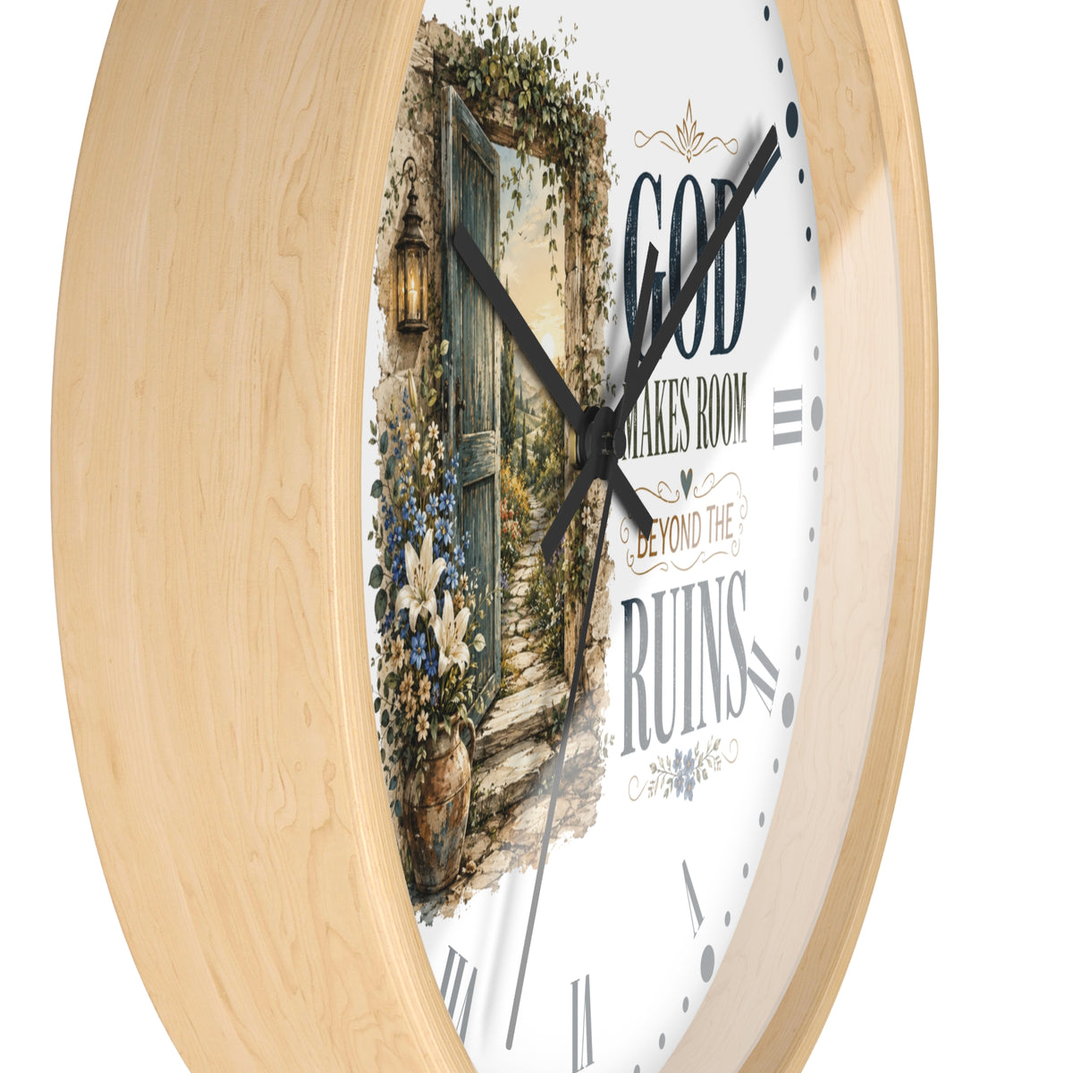 Inspirational Wall Clock — “God Makes Room Beyond the Ruins” Rustic Faith Home Decor