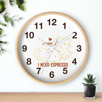 I Need Espresso Wall Clock | Cute Cat & Coffee Kitchen Decor