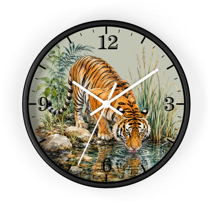 A round wall clock with a black frame and a printed illustration of a tiger drinking water at the base of the 12 o'clock position. The clock face has a light beige background with black Arabic numerals and white clock hands.