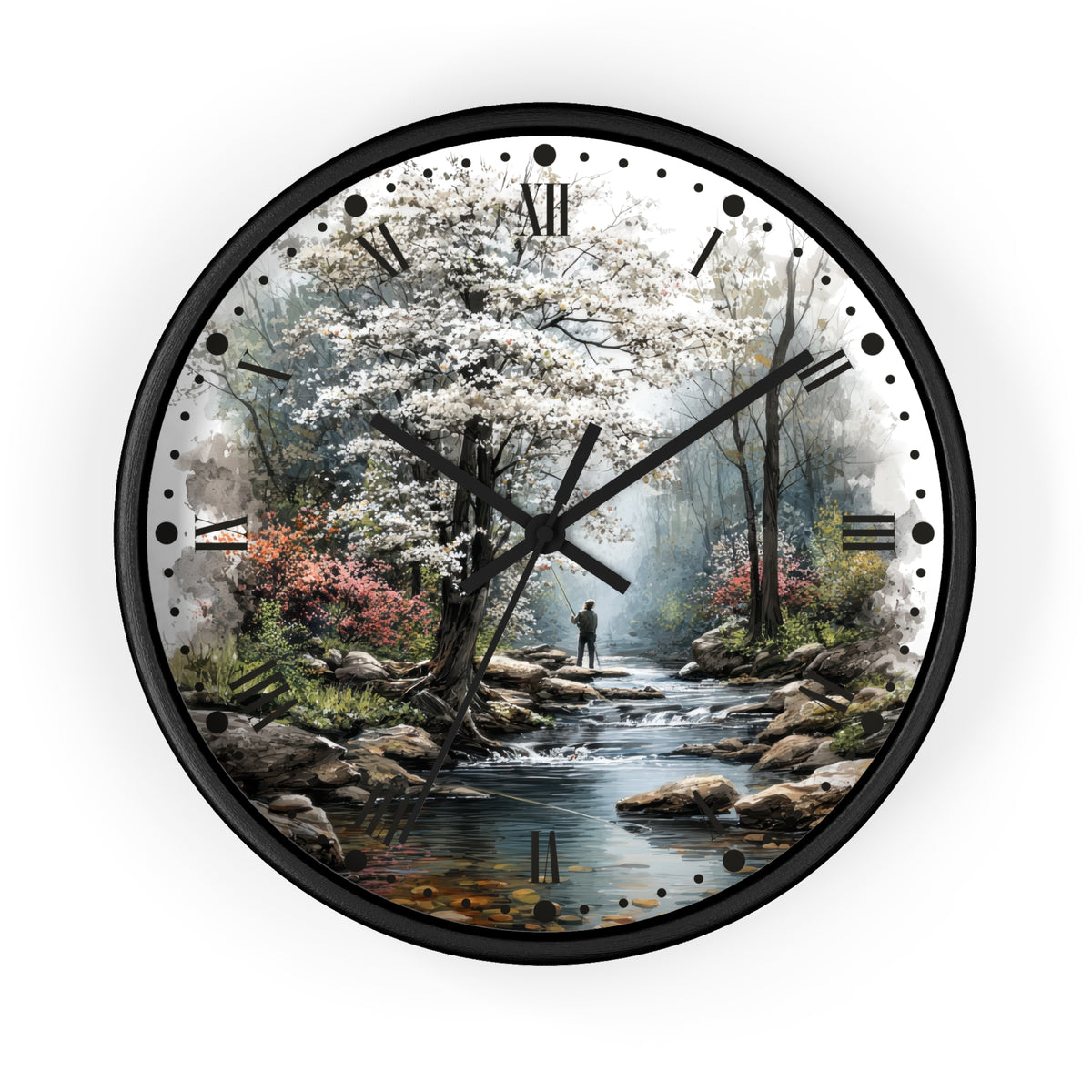 Round wall clock with a black frame and a scenic landscape print featuring a stream, flowering trees, rocks, and a small figure walking along the water. The clock face has black Roman numerals and black hands, shown against a plain white background.