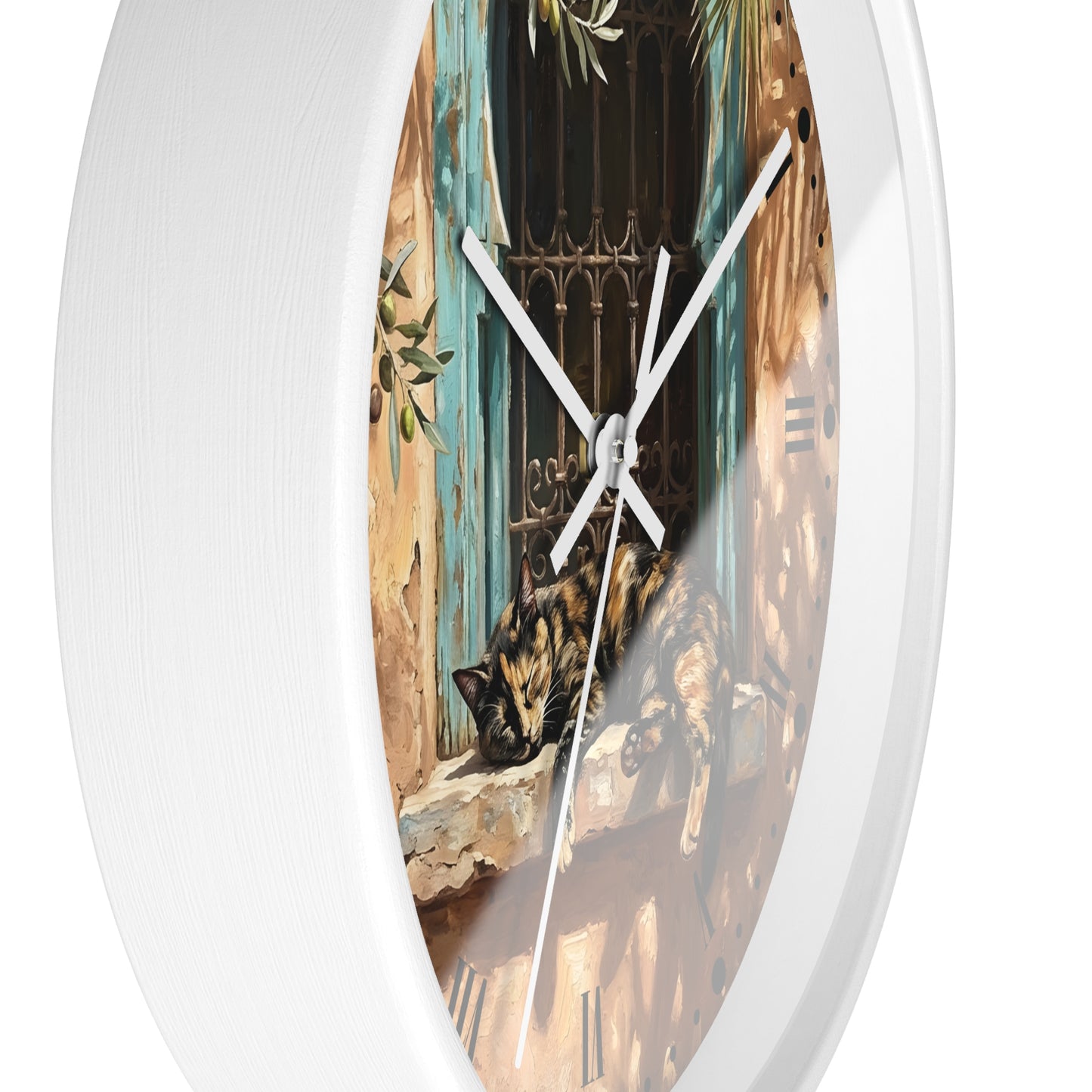 Mediterranean Torte Cat Wall Clock — Sleeping Calico Tabby Window Scene