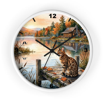 Autumn Lakeside Bengal Cat Wall Clock — Rustic Cabin Sunset Decor