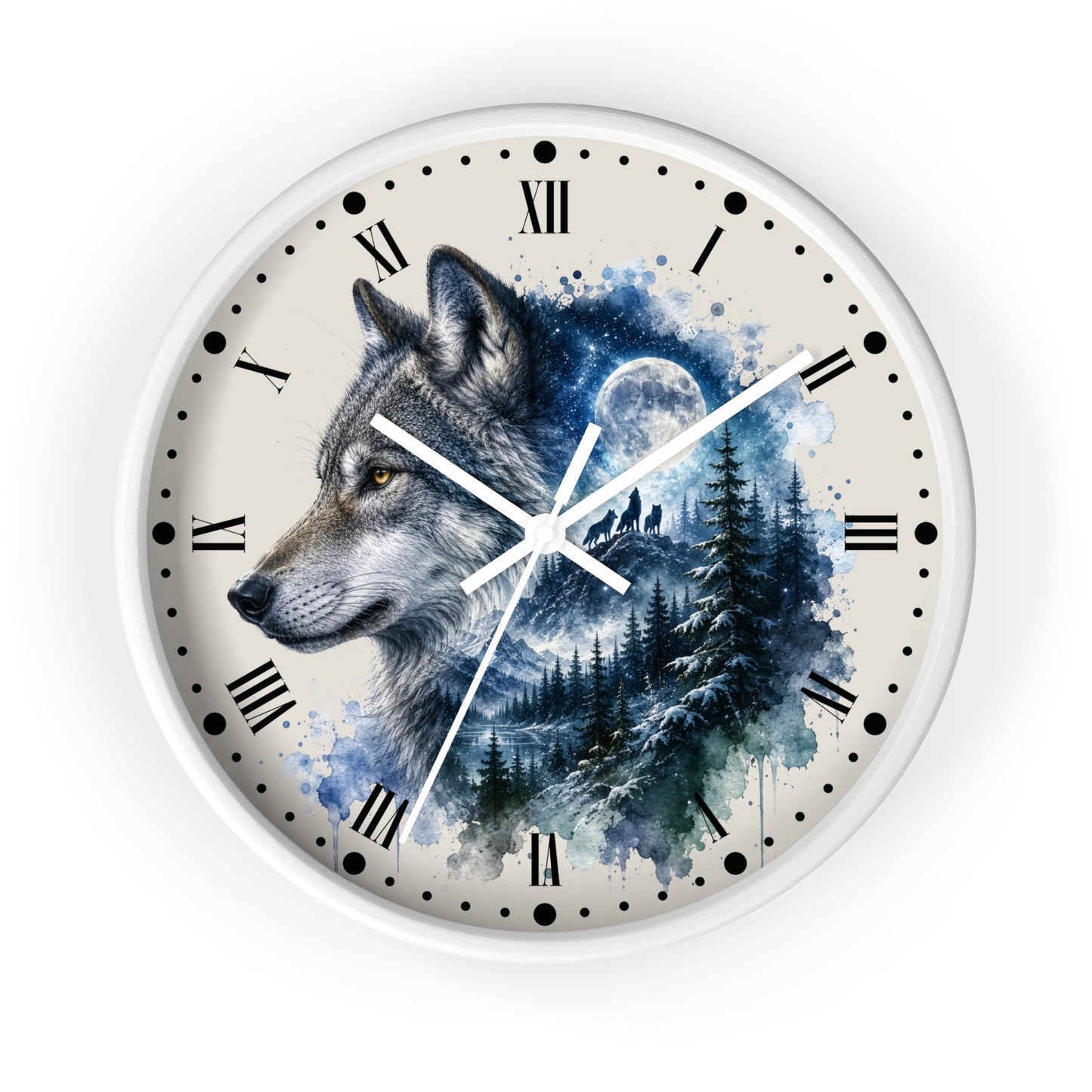 A round wall clock with a white frame and a cream-colored face featuring a watercolor-style illustration of a gray wolf over a blue winter forest and full moon. The clock has black Roman numerals and black dot hour markers with white hands.