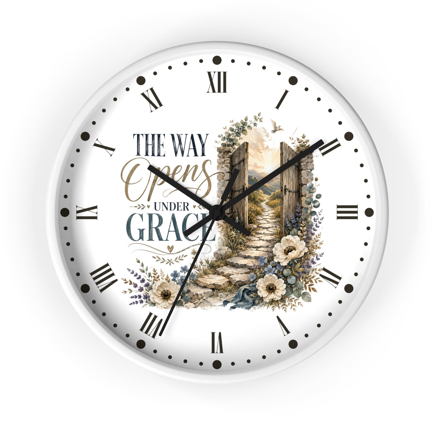 Rustic Floral Inspirational Wall Clock - "The Way Opens Under Grace"  Christian Home Decor