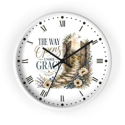Rustic Floral Inspirational Wall Clock - "The Way Opens Under Grace"  Christian Home Decor