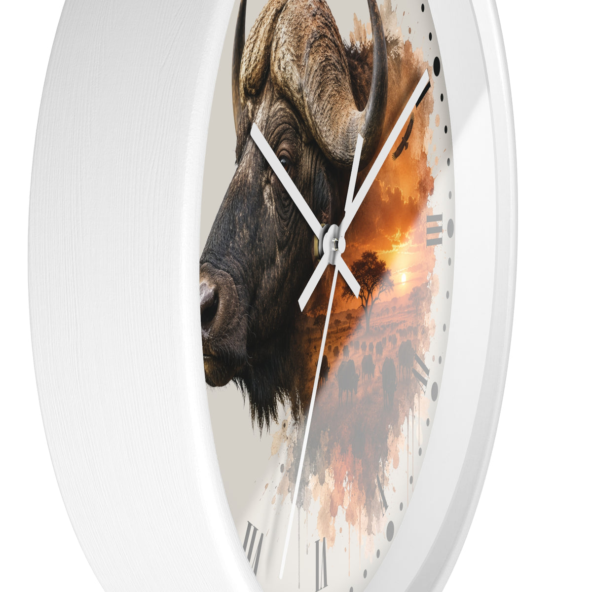 A round wall clock with a white frame and a printed face featuring a close-up water buffalo head over an orange sunset landscape, shown against a plain white background.