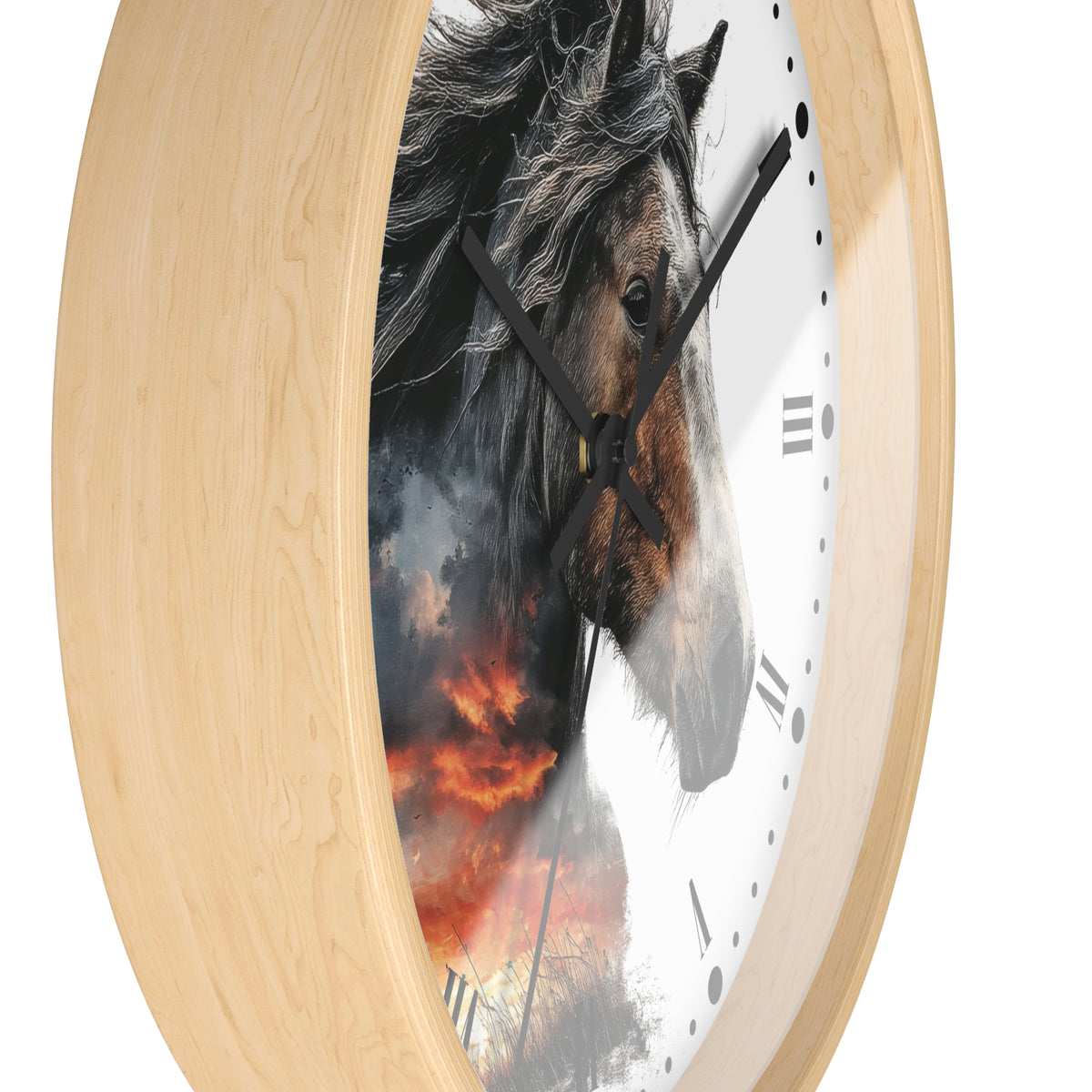 Round wall clock with a light natural wood frame and a printed horse face design over a smoky orange and black background, shown on a white studio background.