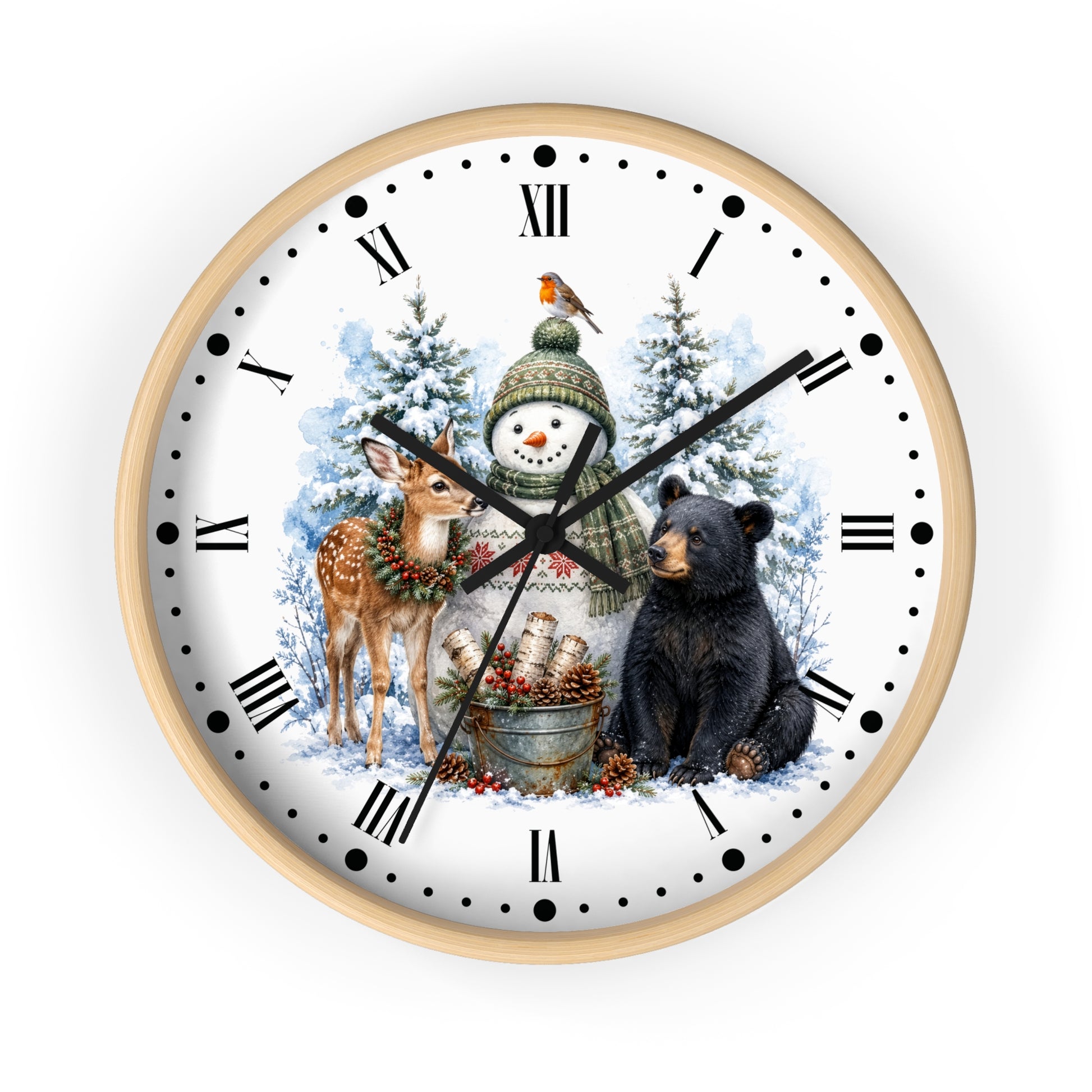 A round wall clock with a light wood frame and a white face featuring a winter holiday illustration of a snowman, deer, black bear, snow trees, and a bird, with black Roman numerals and hands on a white background.