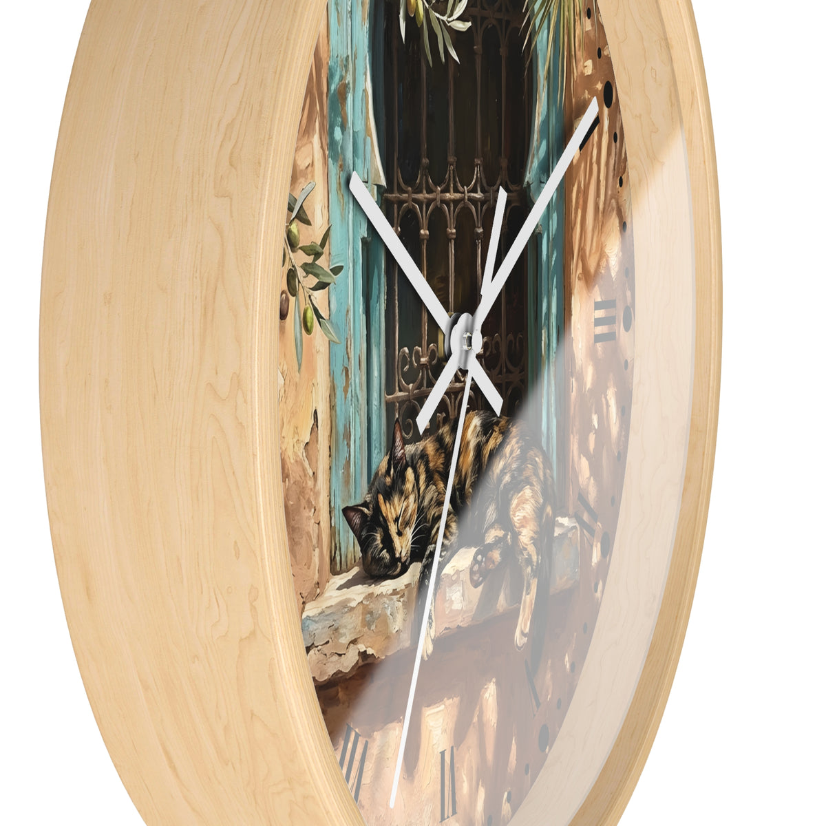 Mediterranean Torte Cat Wall Clock — Sleeping Calico Tabby Window Scene