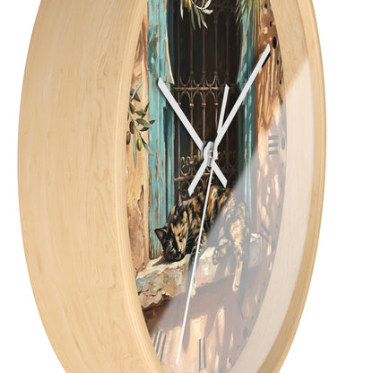 Mediterranean Torte Cat Wall Clock — Sleeping Calico Tabby Window Scene