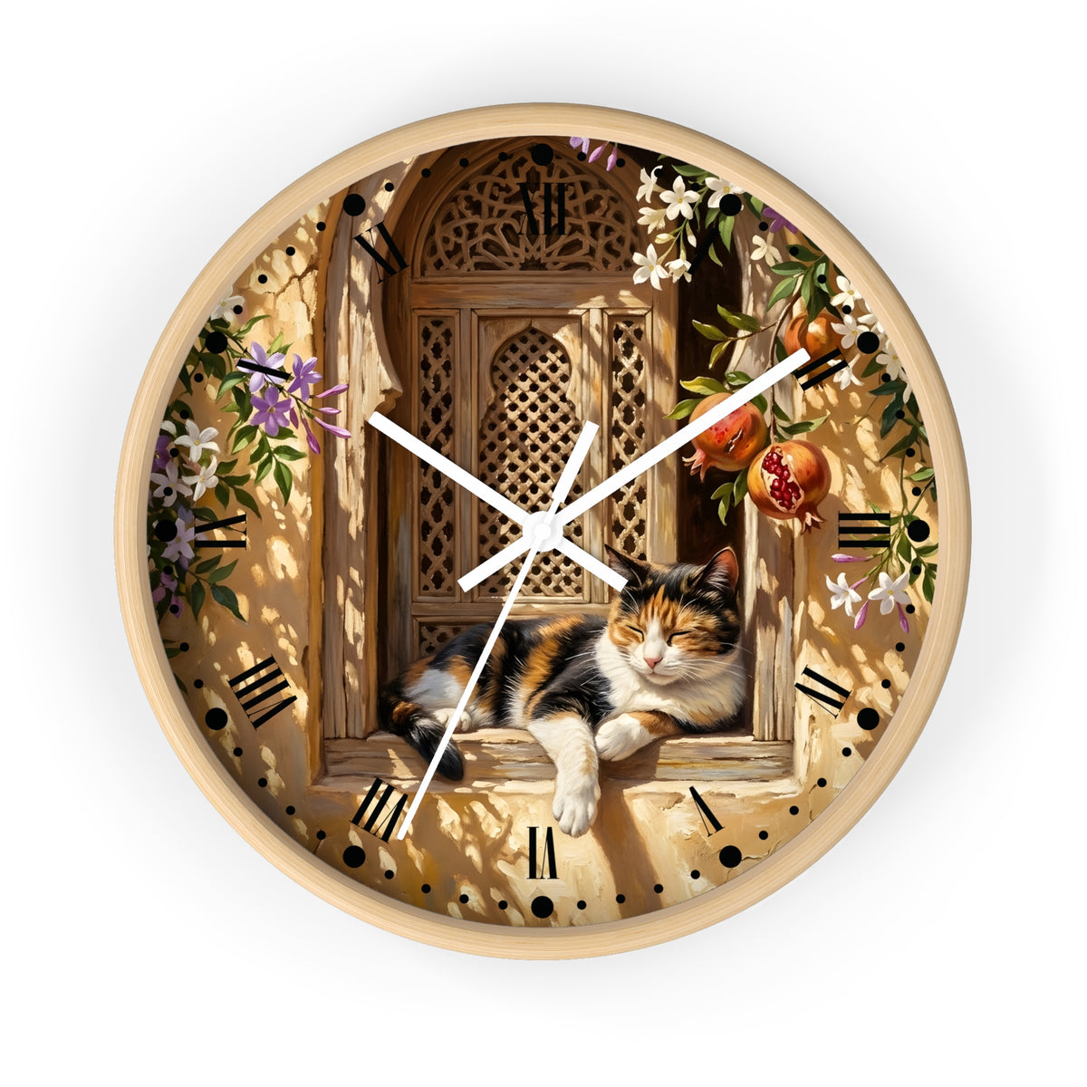 Round wall clock with a light wood frame and a printed design of a calico cat lounging on a wooden window ledge, surrounded by flowers, leaves, and pomegranates, with white clock hands and black Roman numerals.