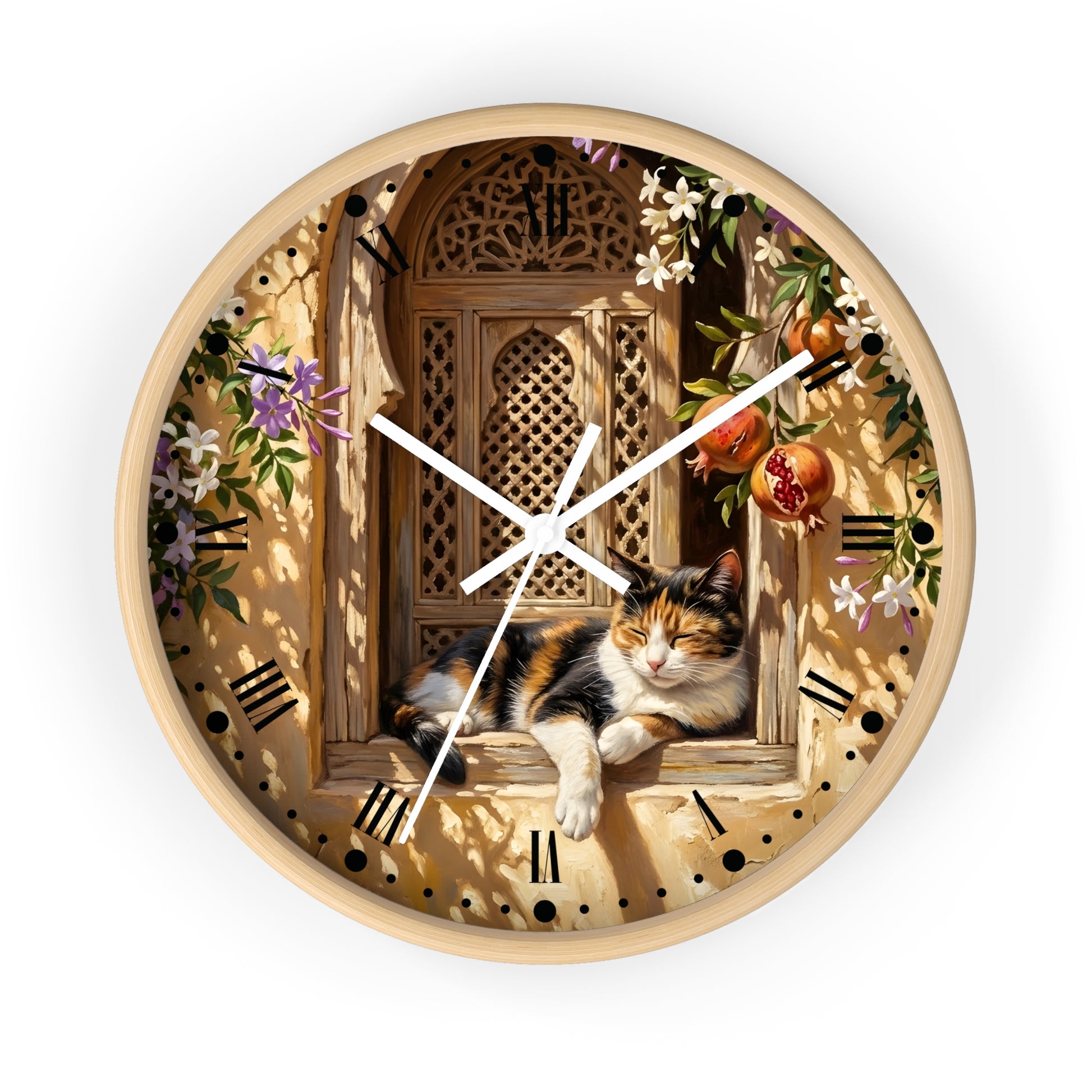Round wall clock with a light wood frame and a printed design of a calico cat lounging on a wooden window ledge, surrounded by flowers, leaves, and pomegranates, with white clock hands and black Roman numerals.