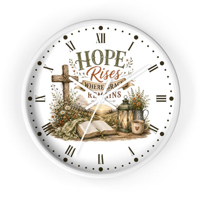 Christian Inspirational Wall Clock — "Hope Rises Where Grace Remains" Farmhouse Decor