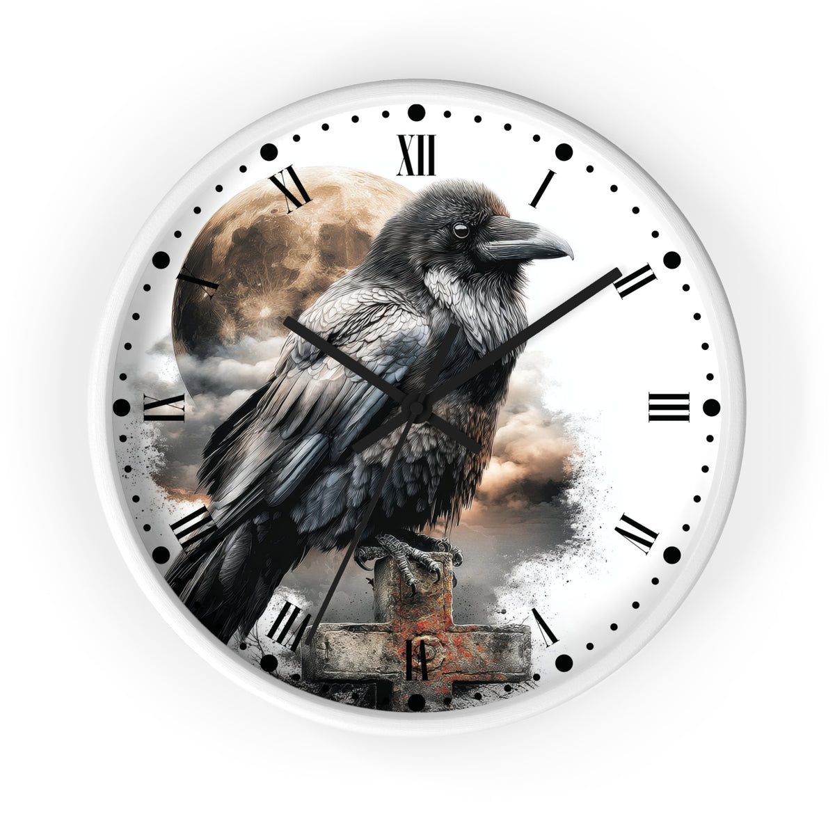 A round wall clock with a white frame and face, featuring a large black raven perched over a stone grave marker with a cloudy sky and moon background. The clock uses black Roman numerals and hour markers with black clock hands.