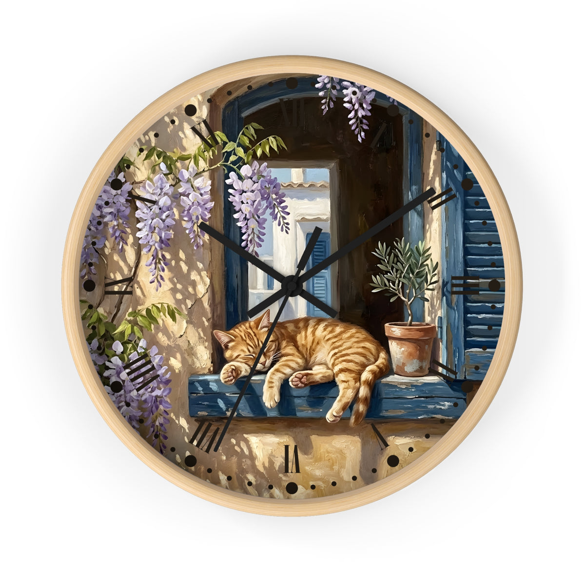 A round wall clock with a white frame, featuring a painted scene of an orange tabby cat sleeping on a blue window sill beneath purple wisteria flowers.