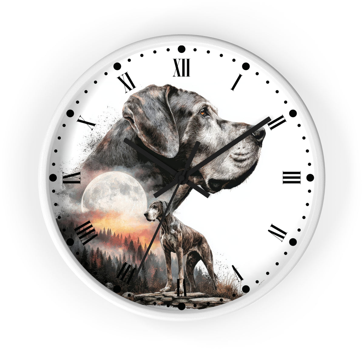 A round wall clock with a white face and black Roman numerals, featuring a printed design of two gray dogs over a moonlit forest scene with a sunset.