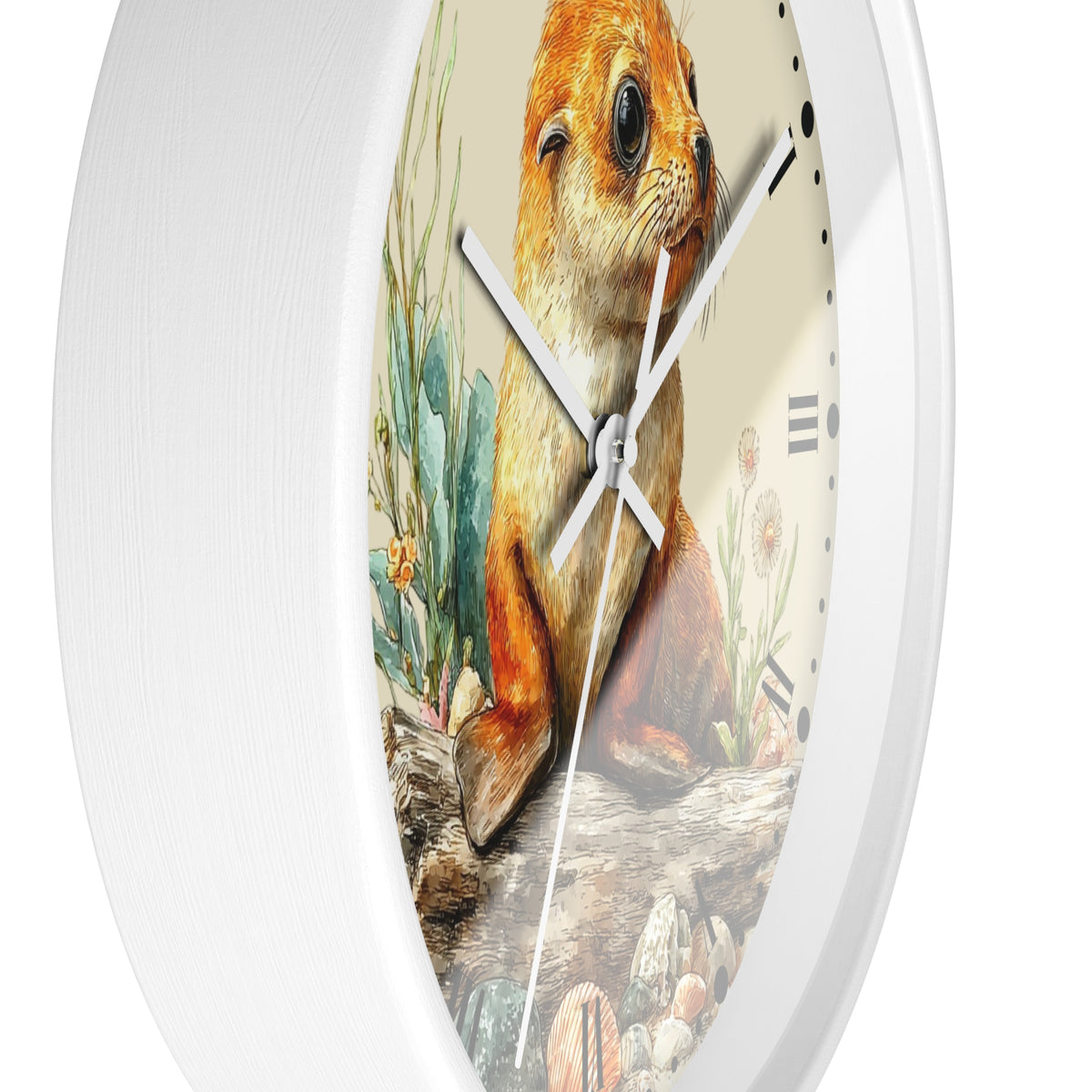 A white oval wall clock featuring a detailed illustration of a brown seal on the face, with decorative plants and rocks, and silver-toned hands.
