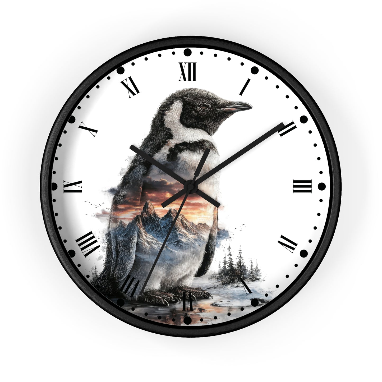 Penguin Mountain Landscape Wall Clock with Roman Numerals — Nature Scenic Animal Decor