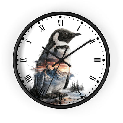 Penguin Mountain Landscape Wall Clock with Roman Numerals — Nature Scenic Animal Decor