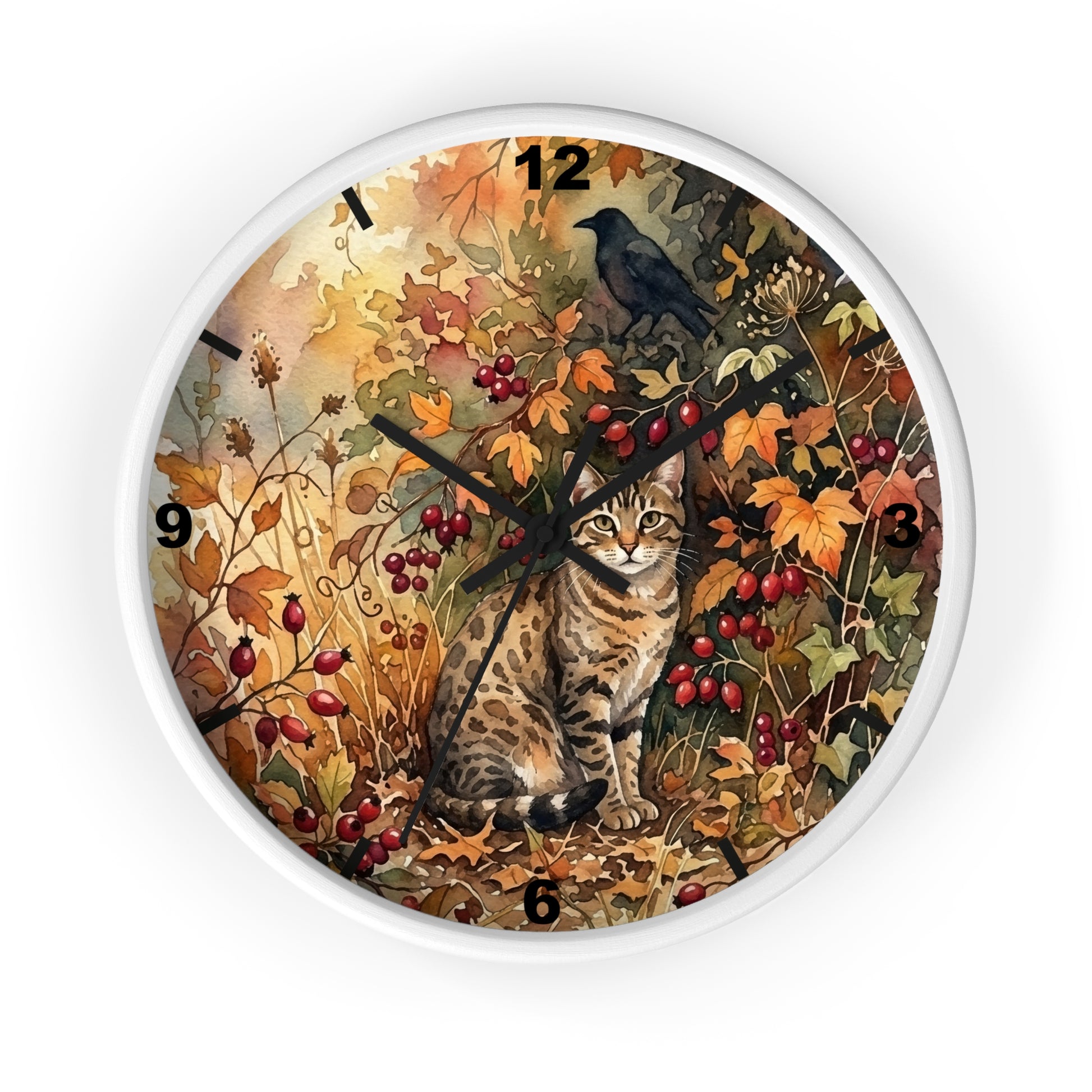 Round wall clock with a white frame and a detailed autumn-themed illustration on the face, featuring a tabby cat, a black bird, red berries, and fall leaves. The clock is shown against a plain white background.