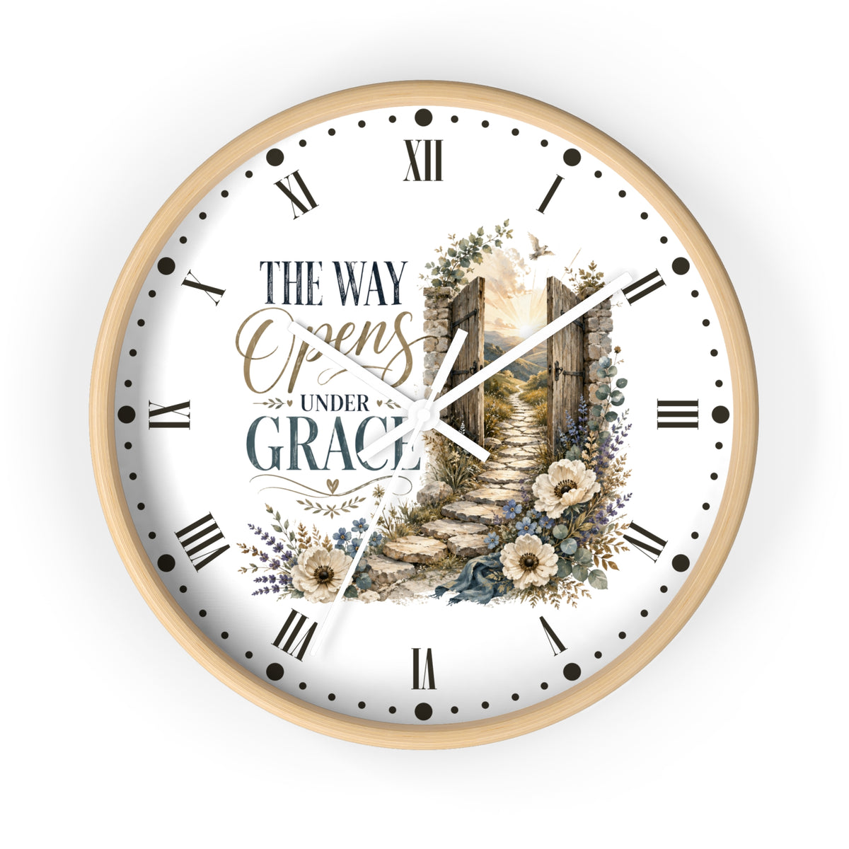 Rustic Floral Inspirational Wall Clock - "The Way Opens Under Grace"  Christian Home Decor