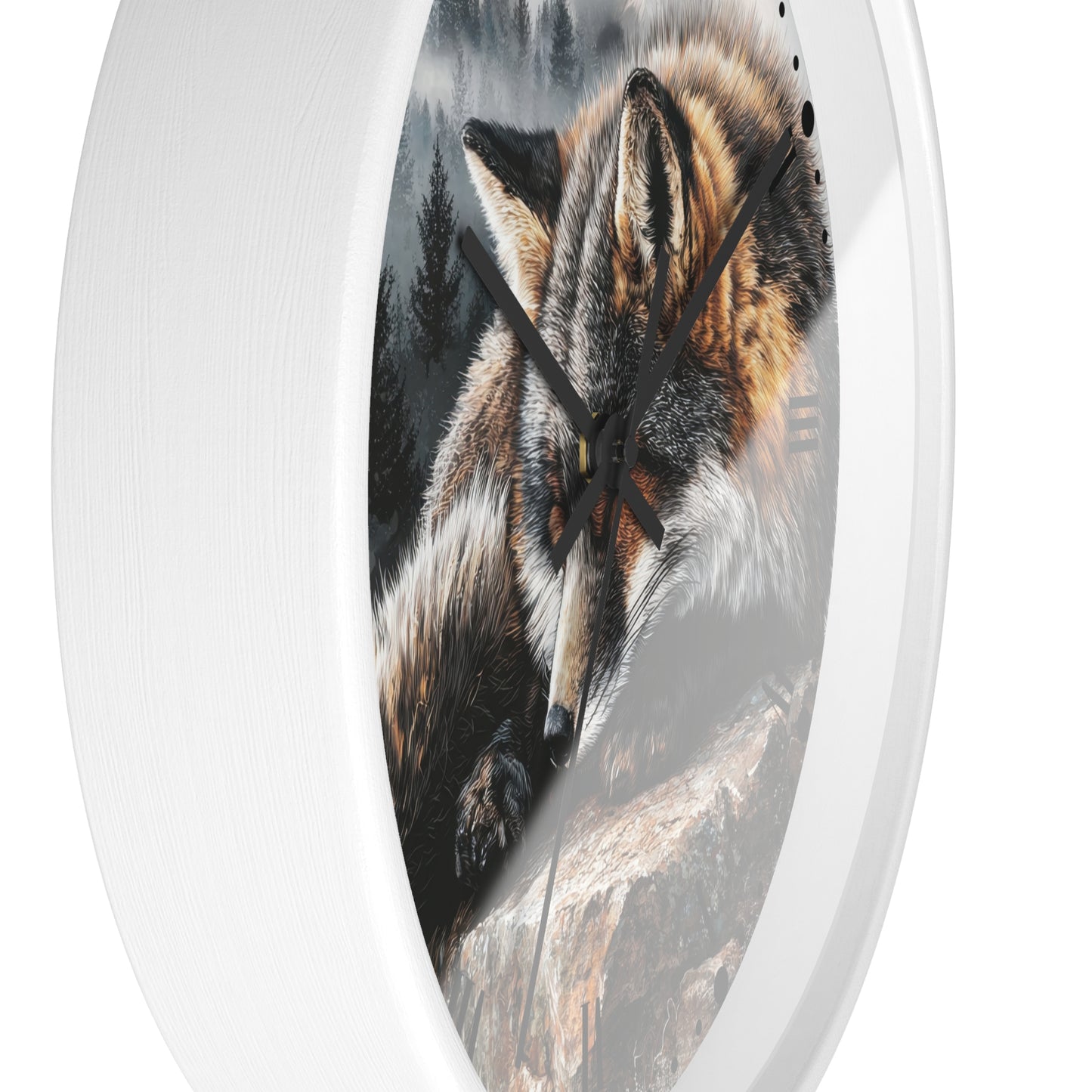 Round wall clock with a white frame and a printed fox illustration on the face, shown against a plain white background.