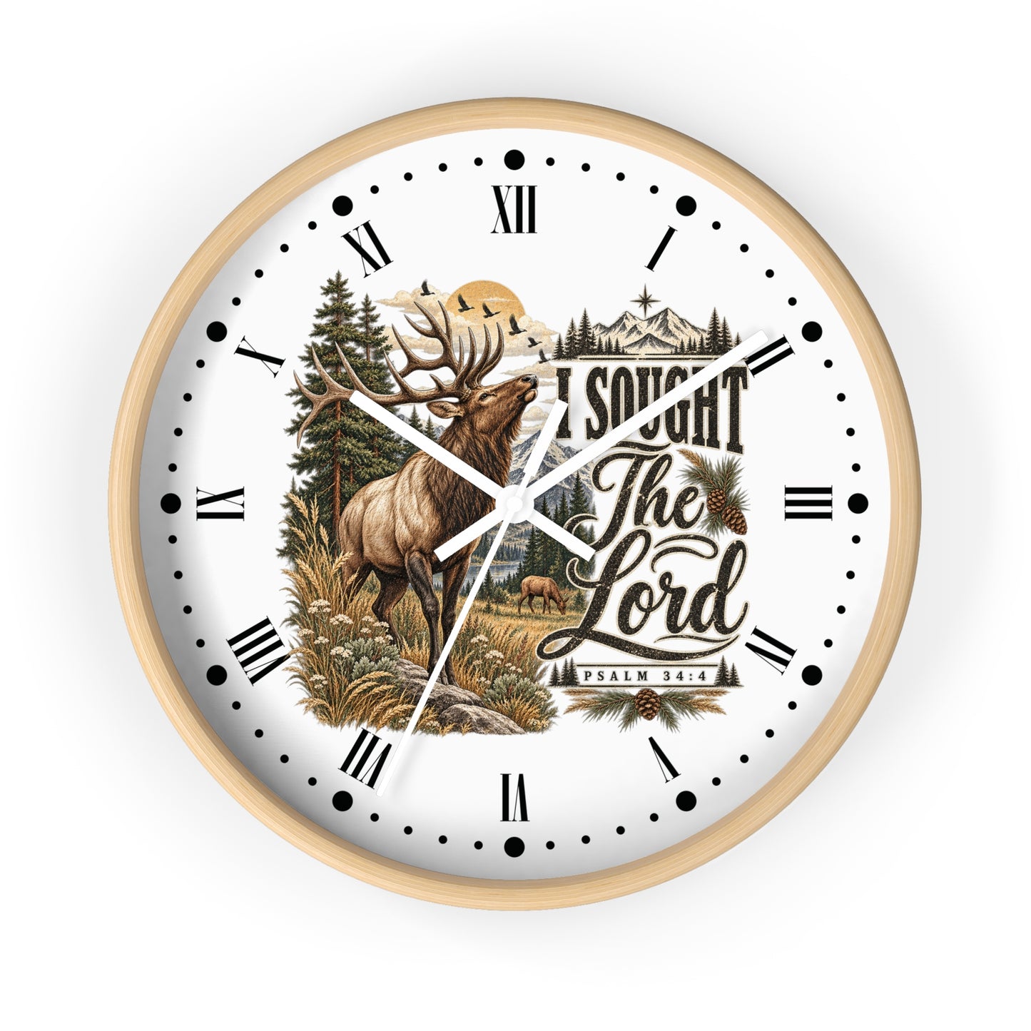Rustic Elk Wall Clock – “I Sought The Lord” Psalm 34:4 Christian Home Decor