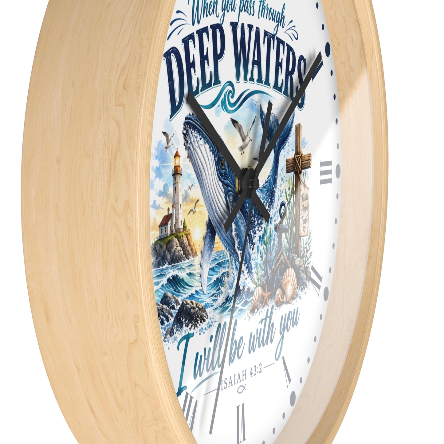 Christian Inspirational Wall Clock — 'When You Pass Through Deep Waters' (Isaiah 43:2)