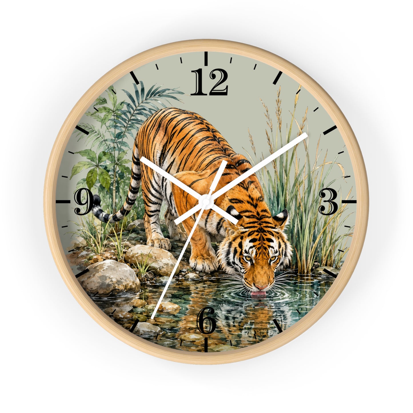 Round wall clock with a light wood frame featuring a detailed illustration of a tiger drinking water from a stream, with black Arabic numerals and white clock hands on a white background.