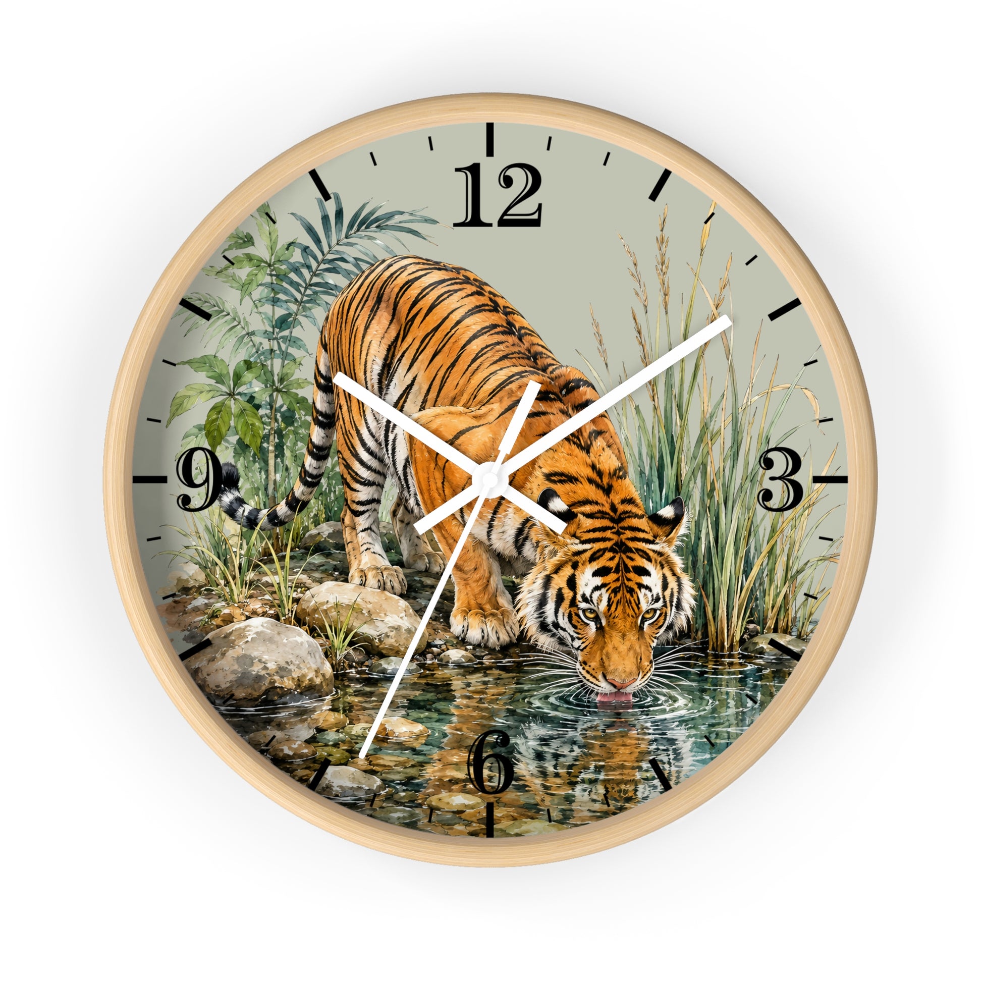 Round wall clock with a light wood frame featuring a detailed illustration of a tiger drinking water from a stream, with black Arabic numerals and white clock hands on a white background.