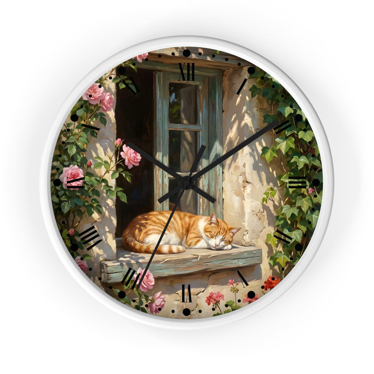 Orange & White Cat Napping Garden Wall Clock — Vintage Floral Window Scene