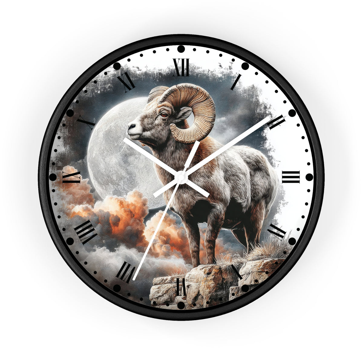 A round wall clock with a black frame and a detailed illustration of a ram standing before a large moon and clouds, with black Roman numerals and white clock hands on a white background.