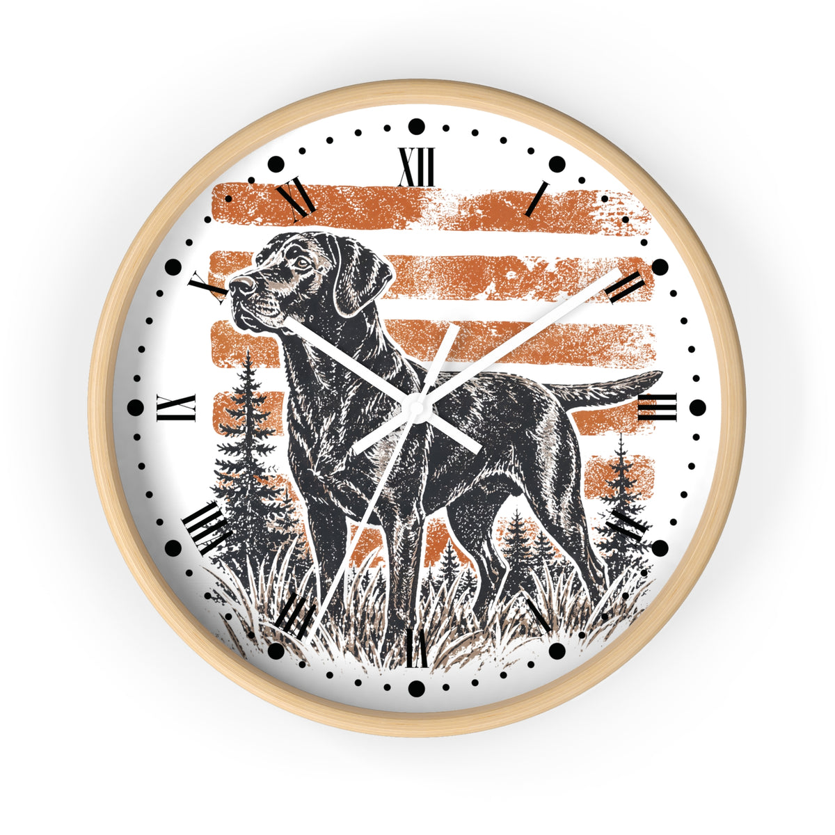 A round wall clock with a light natural wood frame, featuring a black and white illustration of a hunting dog on a white face with distressed orange horizontal stripes, Roman numerals, and black clock hands.