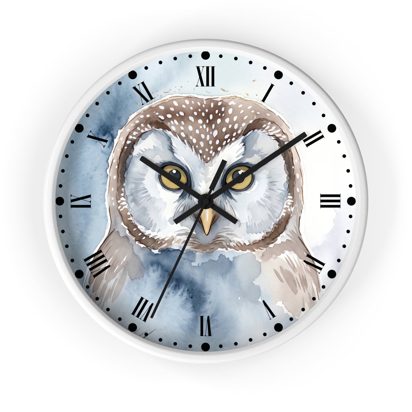 A round wall clock featuring a watercolor-style owl illustration on the face, with black Roman numerals, black clock hands, and a white outer rim against a light gray background.