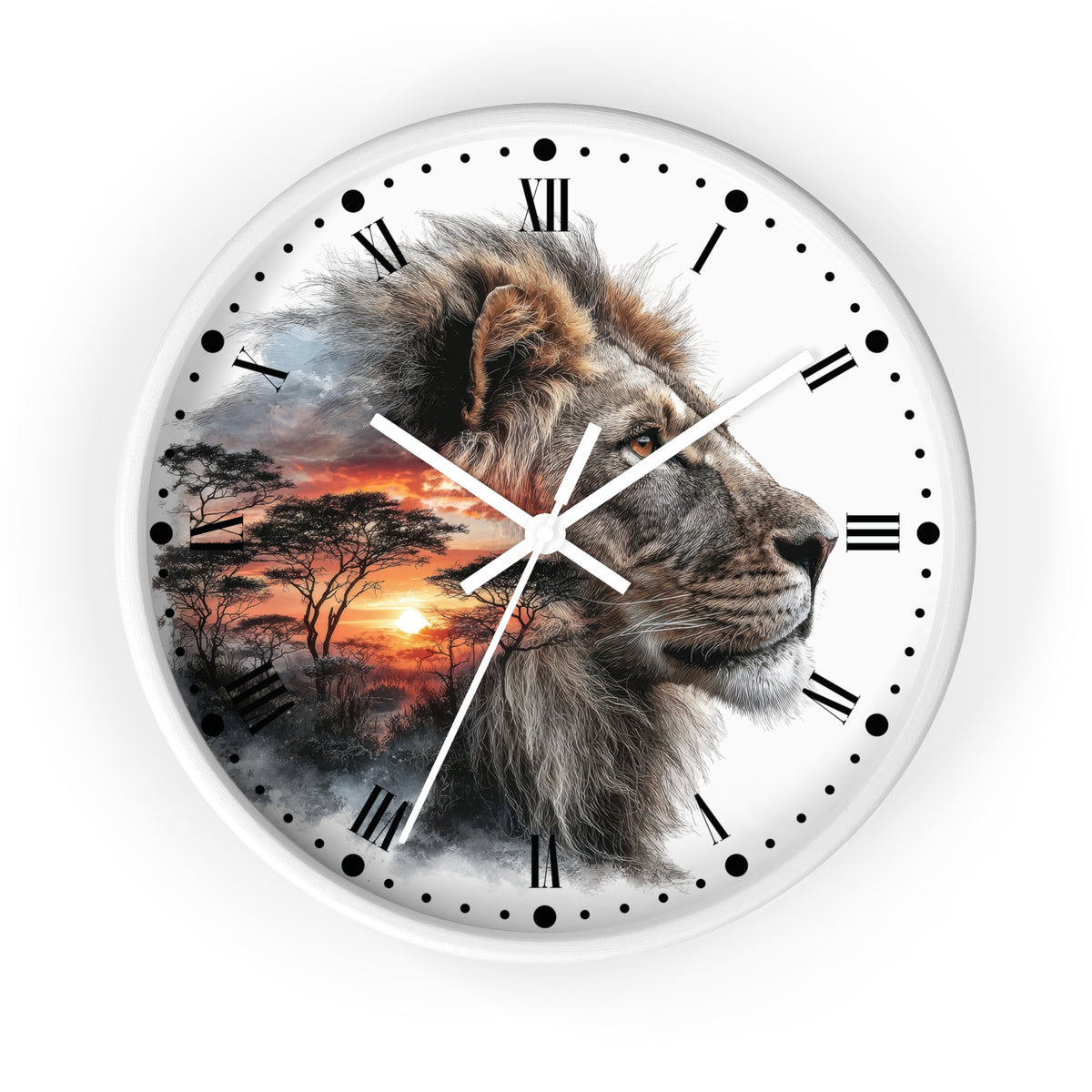 A round wall clock with a white frame and face, featuring a large lion profile over a savanna sunset scene. The clock uses black Roman numerals and dot hour markers with white hands.