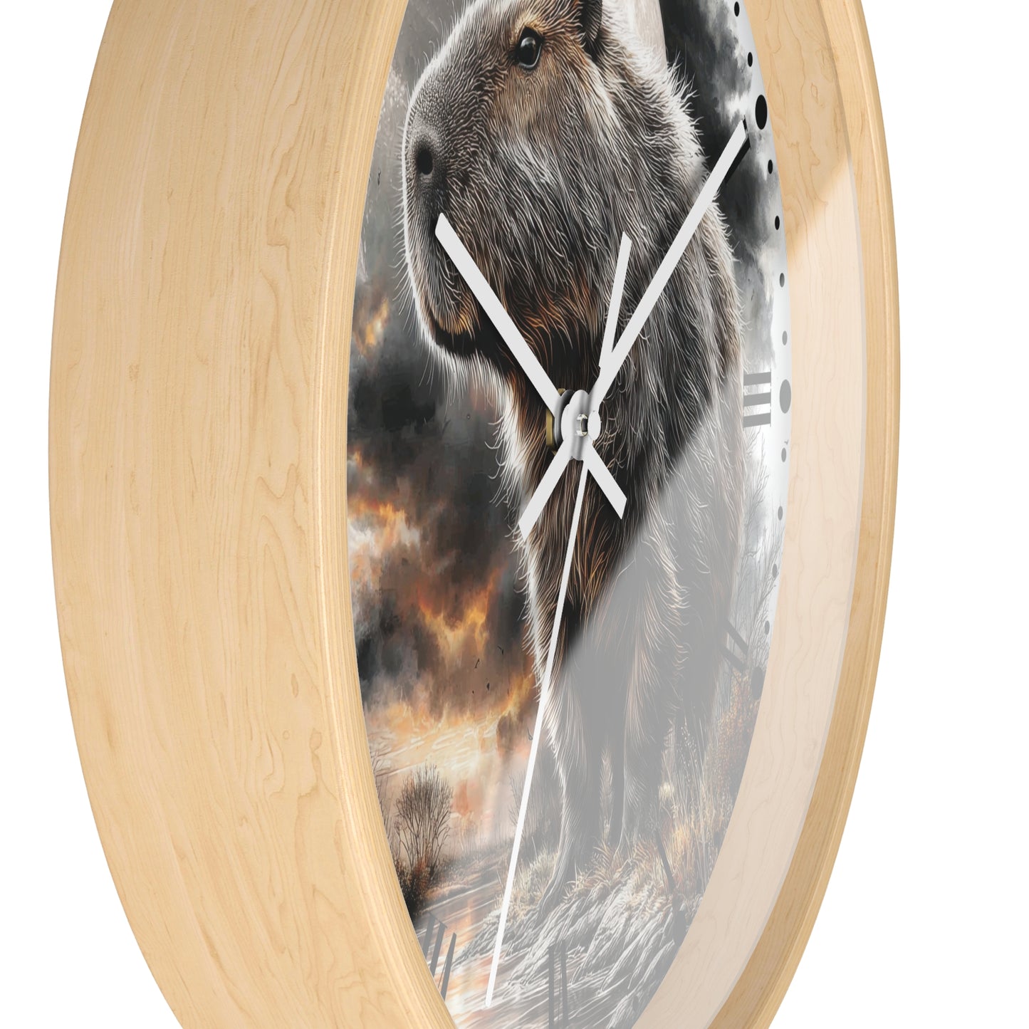 Round wall clock with a light natural wood frame and a printed animal scene featuring a capybara over a smoky landscape. The clock face is partially obscured by three white hands, and the background around the product is plain white.