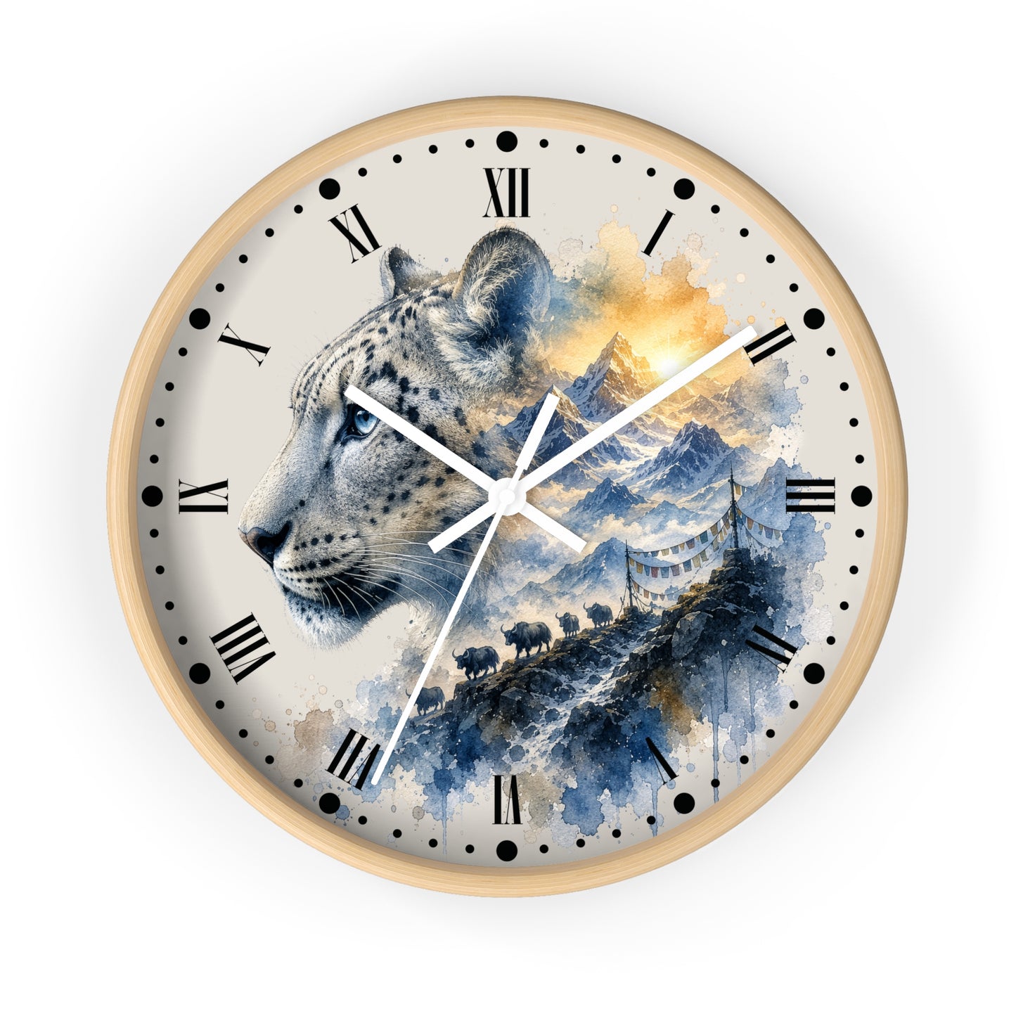 A round wall clock with a light wood frame and a printed dial featuring a snow leopard in profile over blue water, mountains, and a bridge, with black Roman numerals and white hands on a white background.
