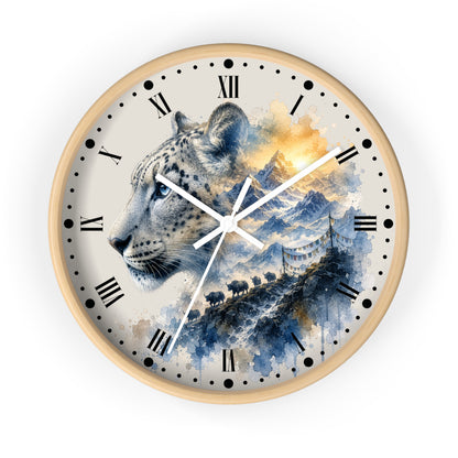 A round wall clock with a light wood frame and a printed dial featuring a snow leopard in profile over blue water, mountains, and a bridge, with black Roman numerals and white hands on a white background.