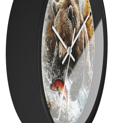 Bear Fishing Wall Clock — Rustic Wildlife River Scene Home Decor