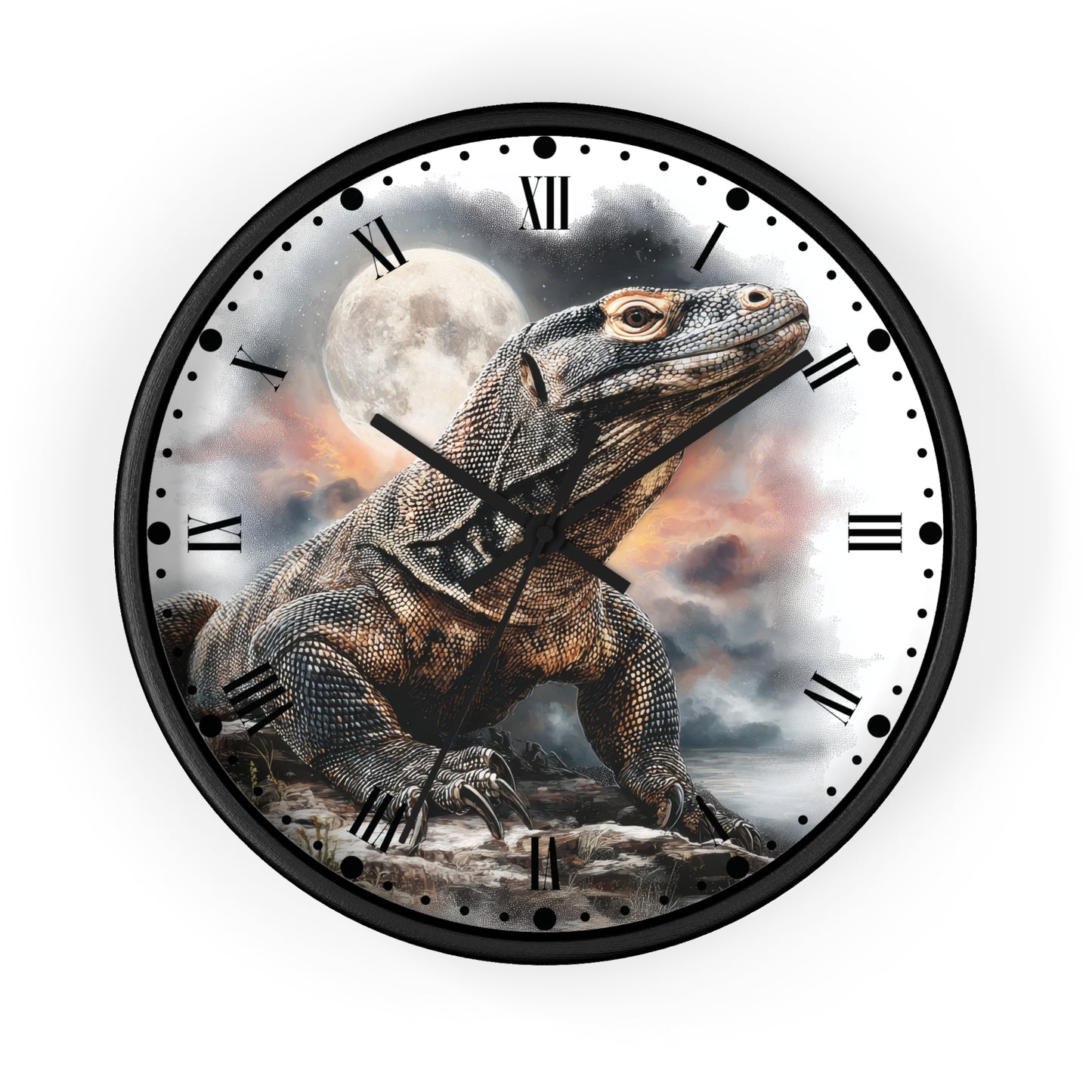 A round wall clock with a black frame and a printed lizard illustration on the face, set against a plain white background.
